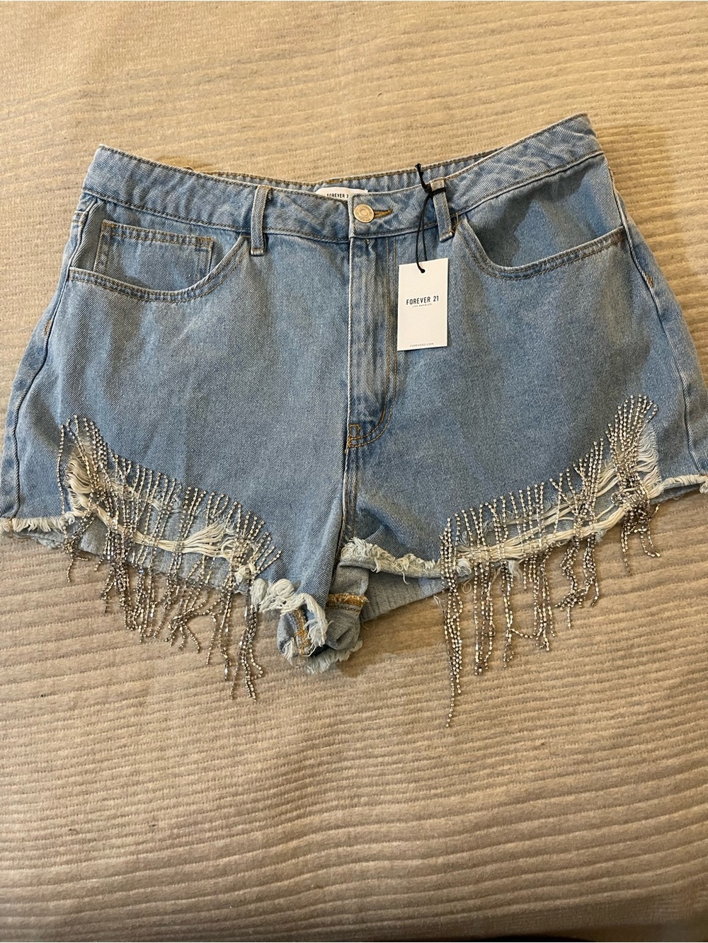 Forever 21 Distressed denim shorts with rhinestone fringe embellishments 31